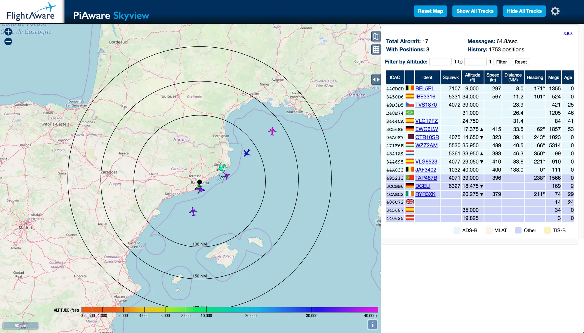 Flightware interface showing a map with the planes around an area