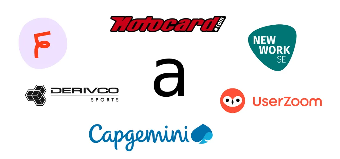 Logos of the companes I have worked with: Motocard, femtasy, XING, Capgemini, UserZoom, Derivco Sports