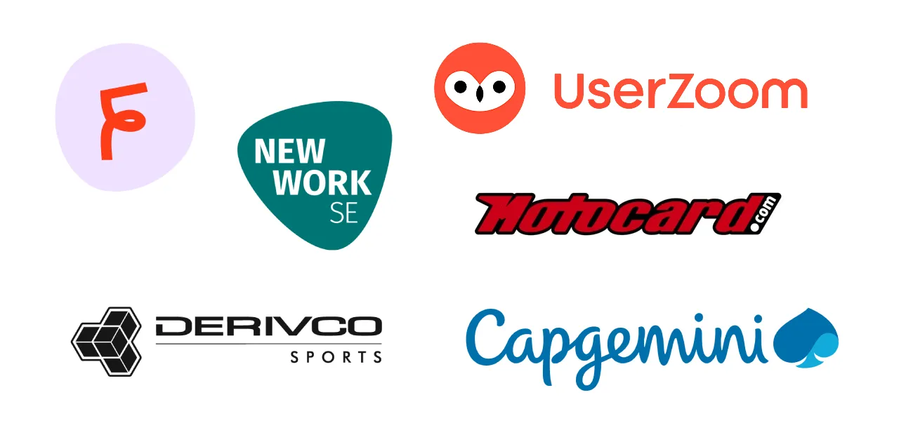 Logos of the companes I have worked with: Motocard, femtasy, XING, Capgemini, UserZoom, Derivco Sports